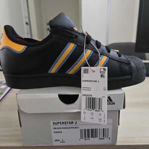 Adidas Superstar J Black with Blue and Orange Stripes